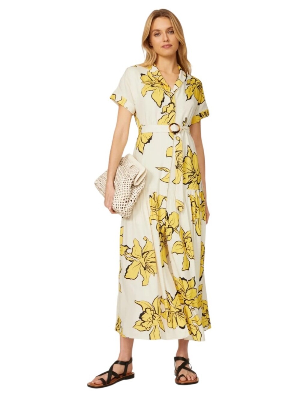 Anthropologie Slate & Willow Yellow Floral Maxi V Neck Shirtdress L XL